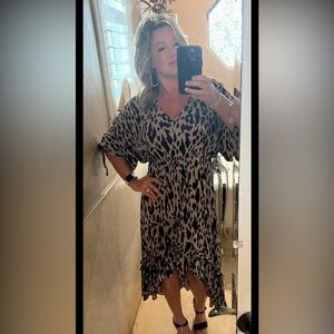 Blush/Black spotted midi dress. Vneck, empire waist drawstring and tie sleeves!